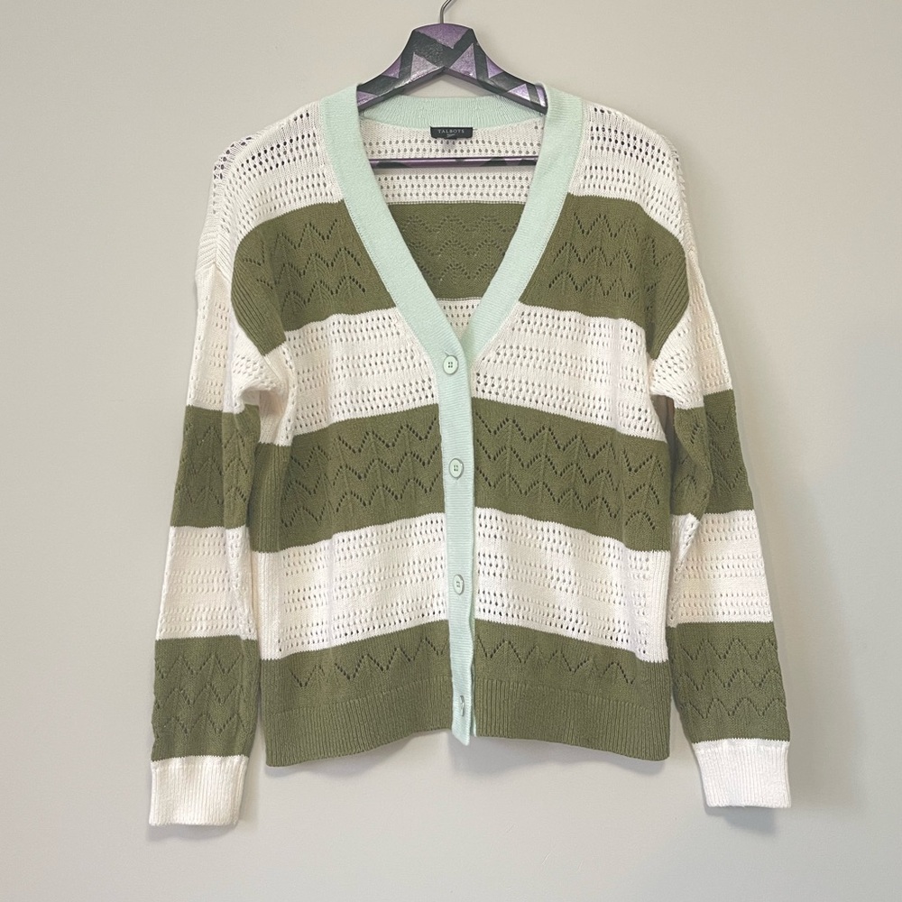 Talbots Tipped Pointelle White Green Stripes Cardigan Size Medium Petite